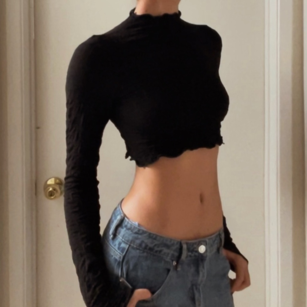 Anthropologie Black Cropped Textured Mock‑Turtleneck Top